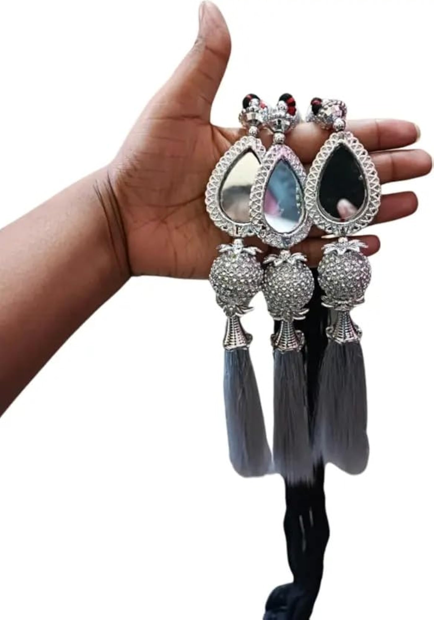 Long Black Choti Hair Accessory with Beads & Mirror